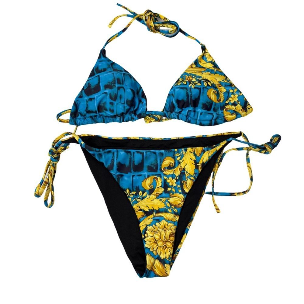 2 Piece Blue and Yellow Side Tie Swimsuit Set